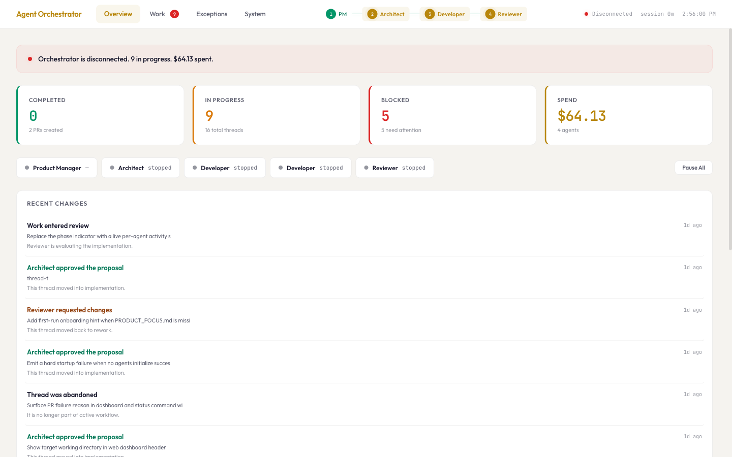 AI agent dashboard overview showing outcome tiles, agent status, recent workflow changes, and system health