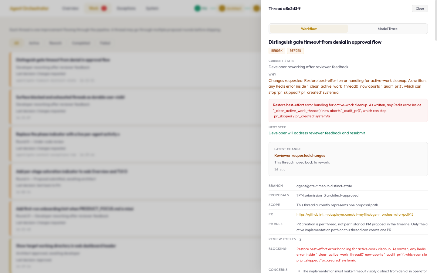 AI agent thread detail showing proposal journey with blocking issues, review history, and model transcript